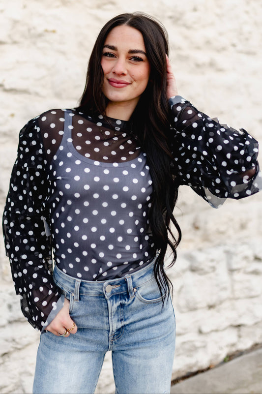 TH70 BLACK WHITE DOTS MESH RUFFLE TOP (7 Piece)