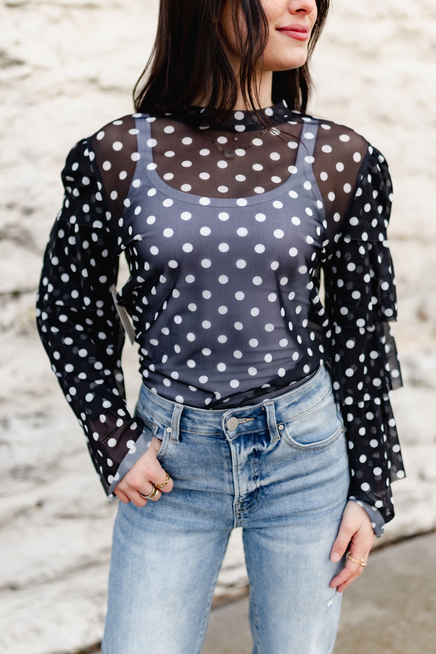 TH70 BLACK WHITE DOTS MESH RUFFLE TOP (7 Piece)