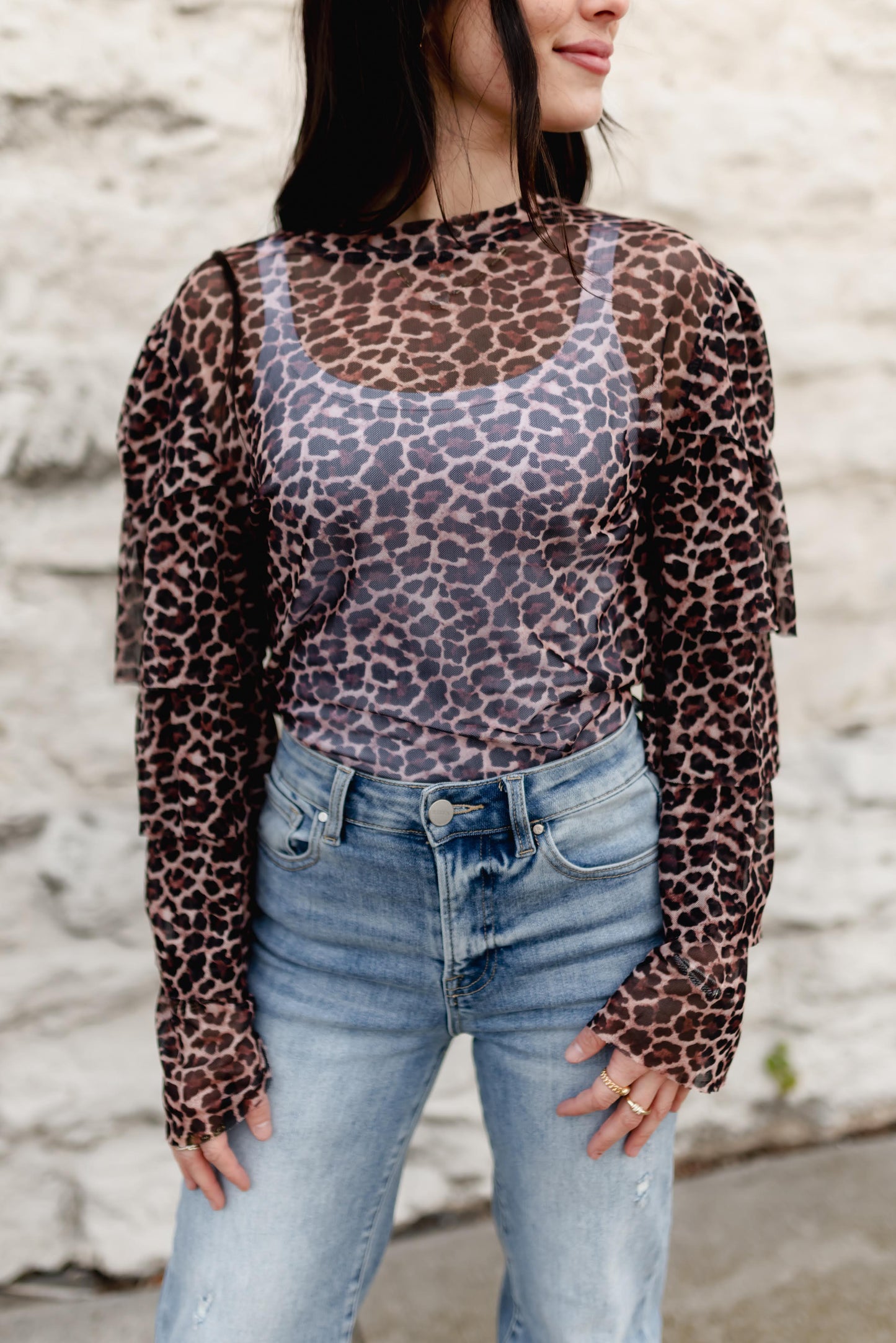 TH70  CHEETAH MESH RUFFLE TOP (1 Piece)