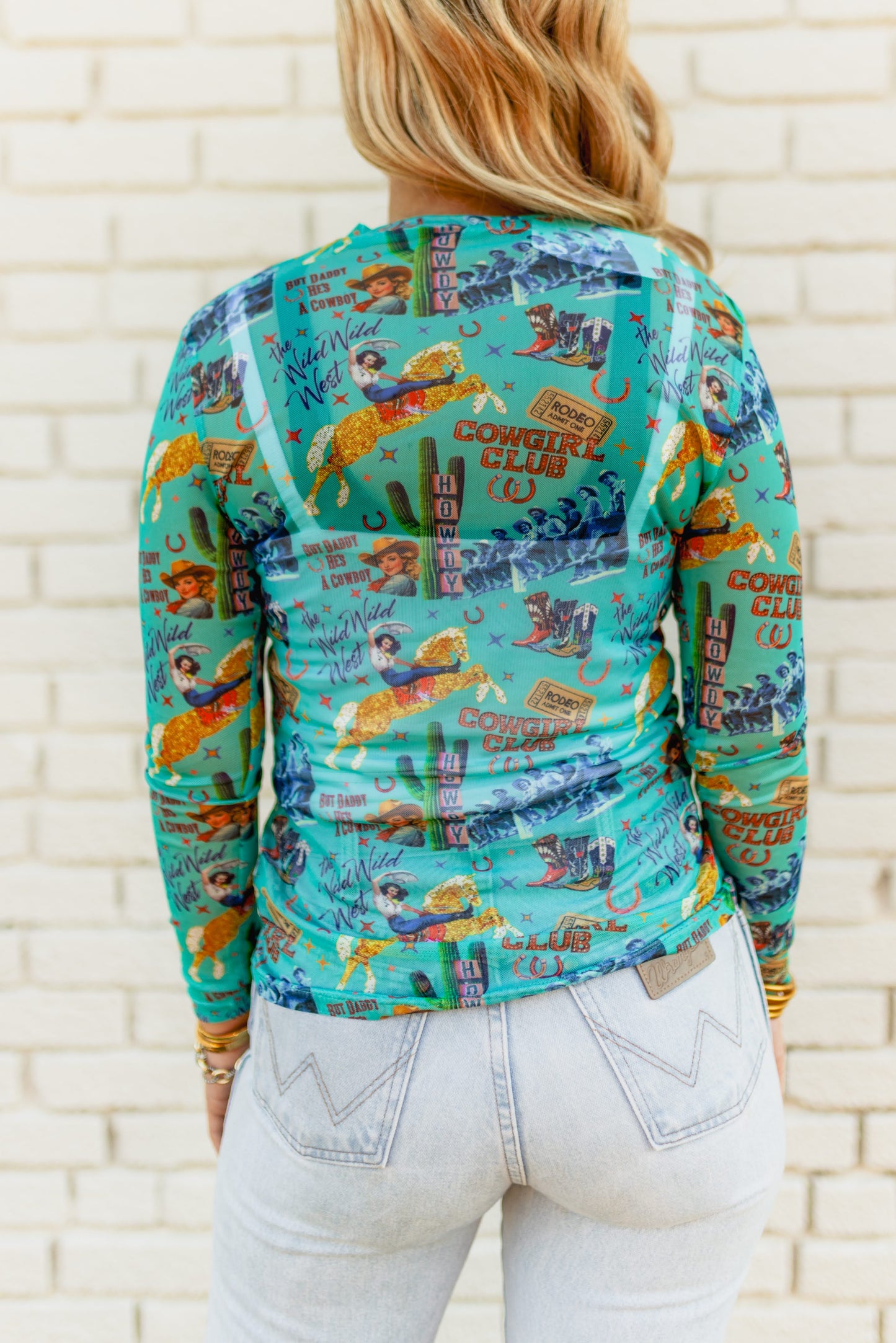 TH1221 S204 TURQ COWGIRL COLLAGE  MESH TOP (1 Piece)