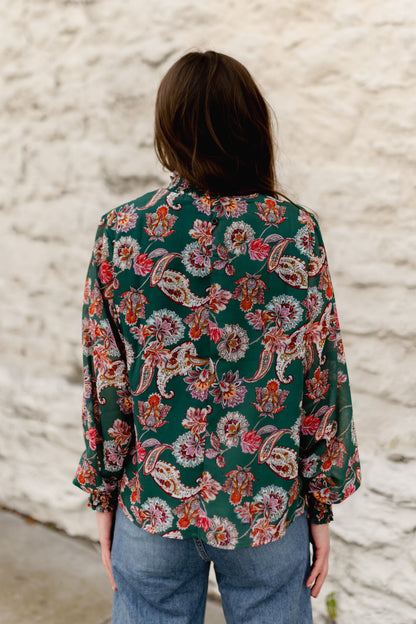 TH1900 GREEN PAISLEY RUFFLE NECK TOP (7 Piece)