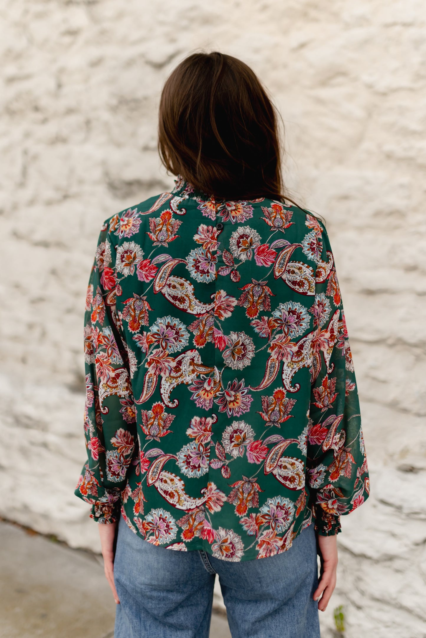 TH1900 S216 GREEN PAISLEY RUFFLE NECK TOP (1 Piece)