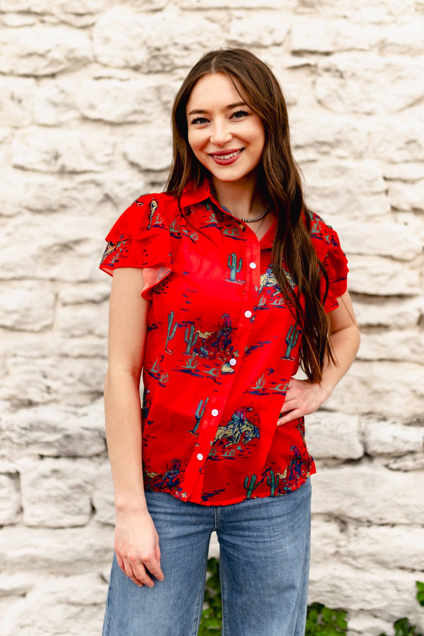 TH198 RED COWBOY DOUBLE FLUTTER BLOUSE (7 Piece)