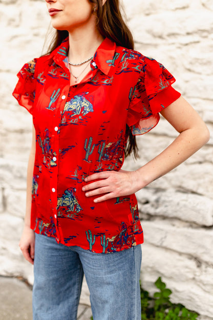 TH198 RED COWBOY DOUBLE FLUTTER BLOUSE (7 Piece)