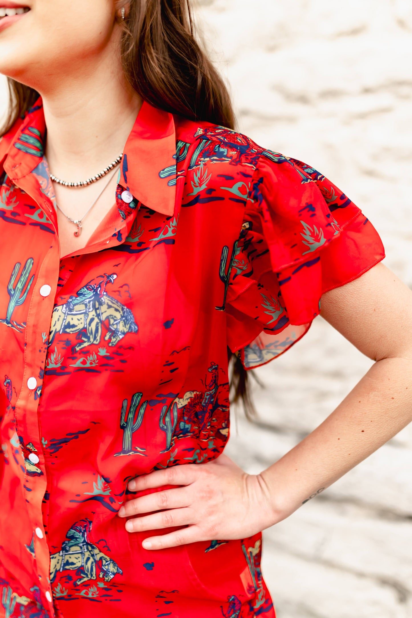 TH198 RED COWBOY DOUBLE FLUTTER BLOUSE (7 Piece)