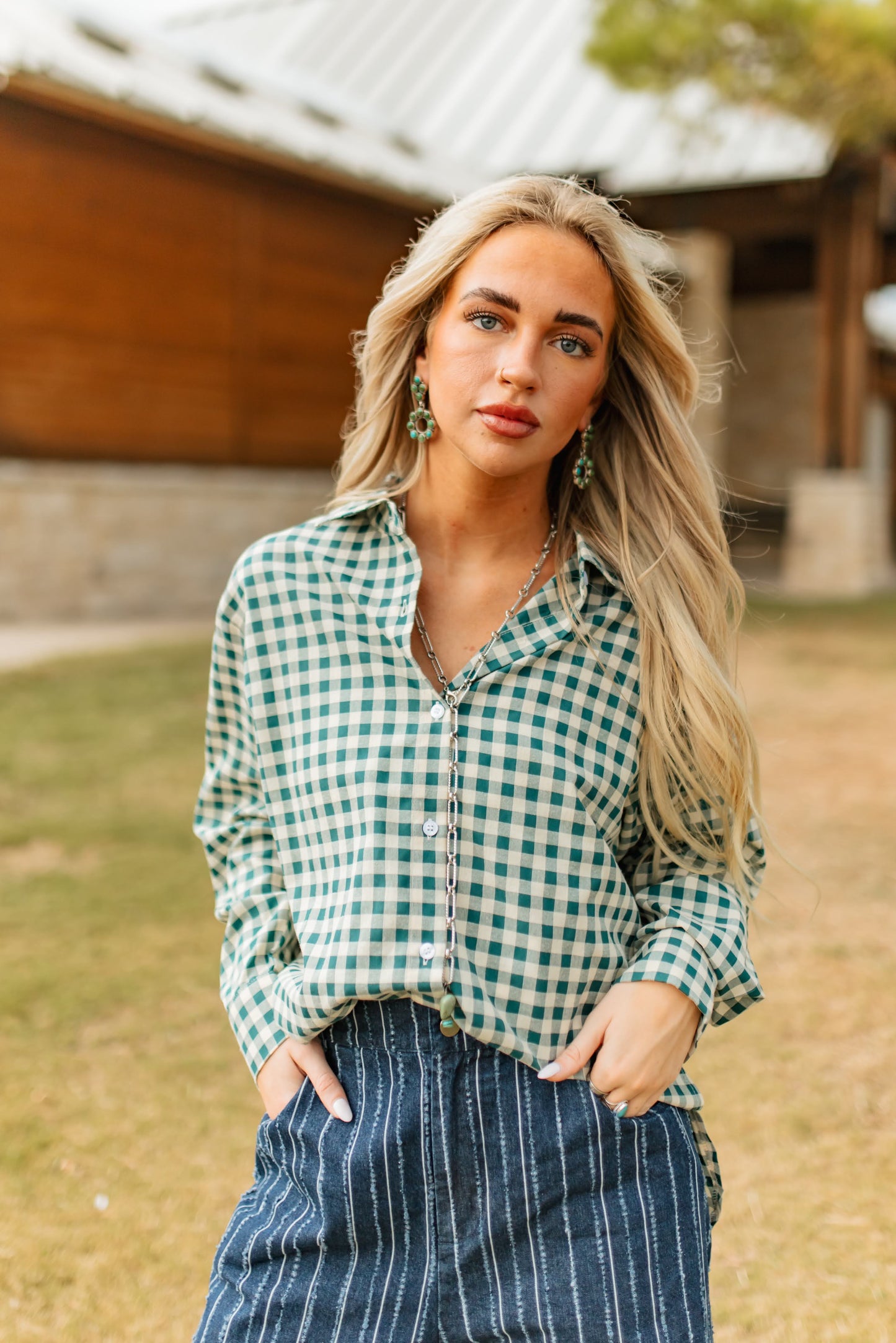 TH38 GREEN GINGHAM  PLAID BUTTON DOWN (7 Piece)