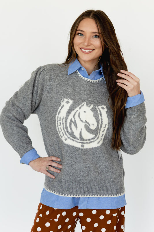 TH6942 HORSESHOE HORSE GRAY SWEATER  (7 Piece)