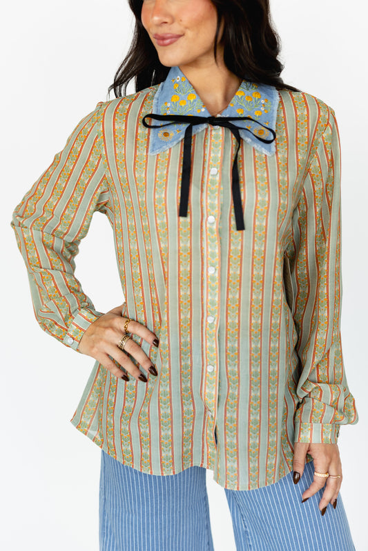 TH2882 FLORAL STRIPE DENIM COLLAR PEARL SNAP TOP(7 Piece)