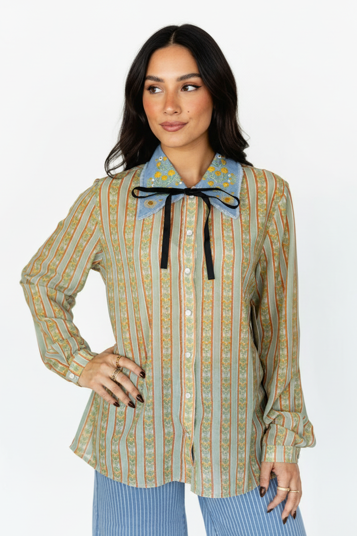 TH2882 FLORAL STRIPE DENIM COLLAR PEARL SNAP TOP(7 Piece)