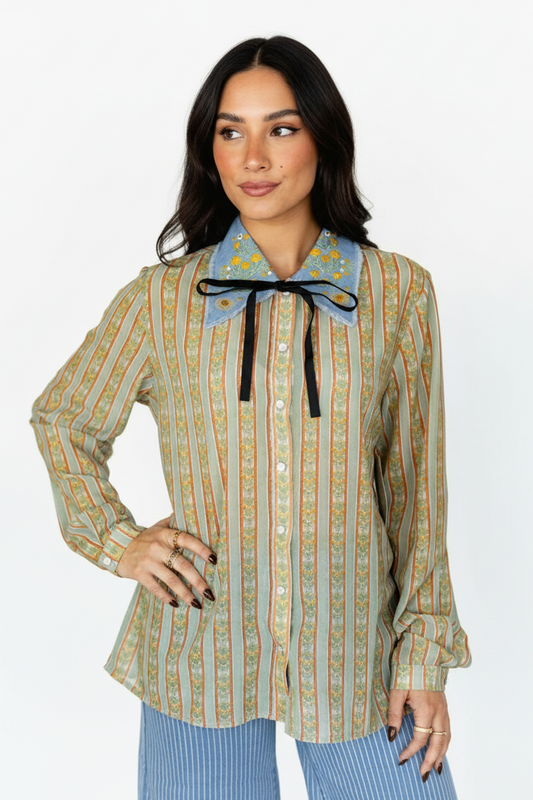 TH2882 FLORAL STRIPE DENIM COLLAR PEARL SNAP TOP(7 Piece)