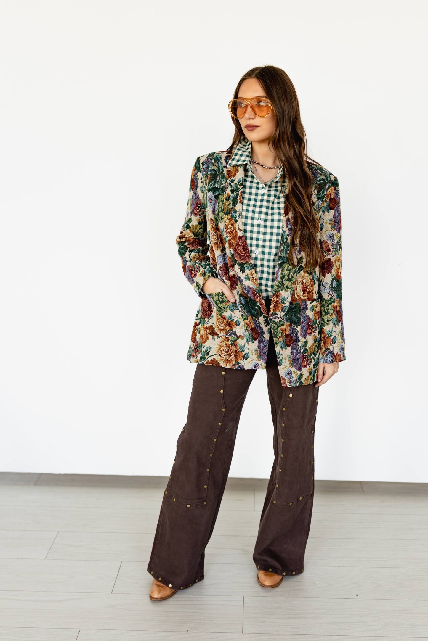 TH38 GREEN GINGHAM  PLAID BUTTON DOWN (7 Piece)