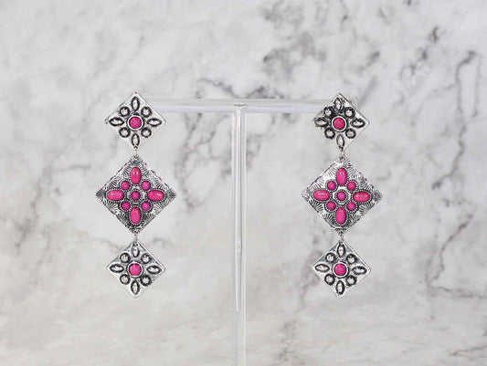 0851 R4-92  Triple Diamond Western Drop Earrings with Pink Stones