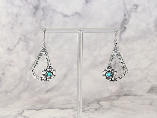 1567 R2-100 SILVER OVAL DANGLE EARRING W/ FLOWER AND TURQ STONE