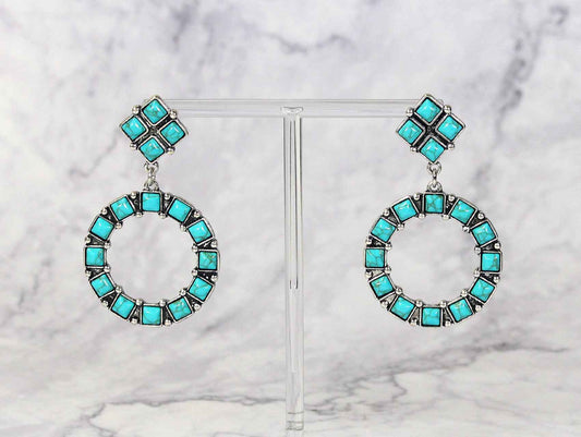 1598 (1) Western Square Circle Drop Earrings with Turquoise