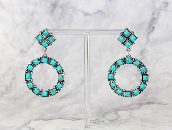 1598 H238 Western Square Top and Circle Drop Earrings with Turquoise