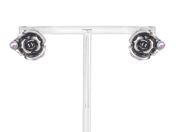 2538 Antique Silver Wild Flower Stud Earrings with Crystal Accent