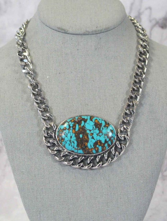 0969 H130 TURQUOISE WESTERN LARGE STONE NECKLACE W/ AB CRYS