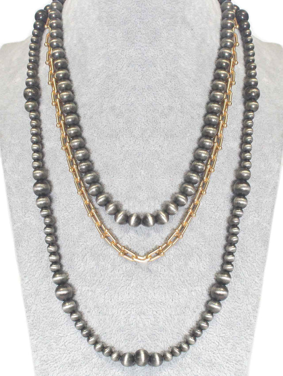 1287 Layered Metallic Beaded Necklace with Gold Chain Accent