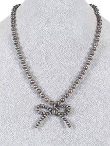 1309 Gunmetal Beaded Bow Pendant Necklace