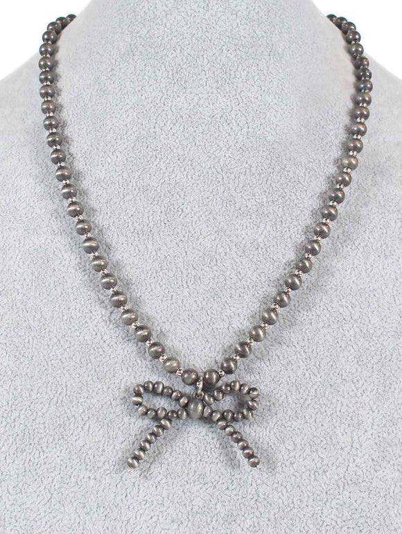 1309 Gunmetal Beaded Bow Pendant Necklace