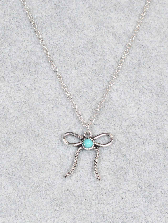 1364 Antique Silver Ribbon Pendant Necklace with Turquoise Center