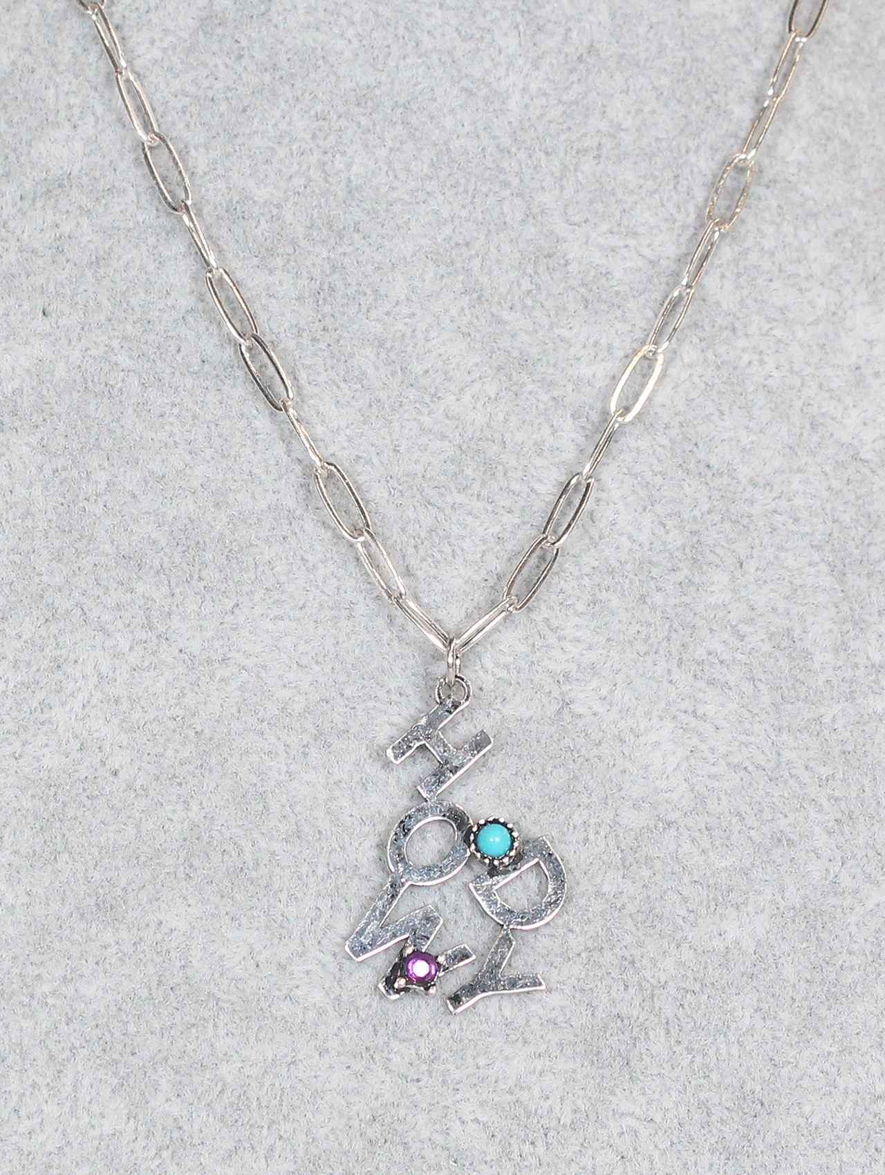 1377 HH248 Antique Silver “Howdy” Pendant Necklace with Stone Accents