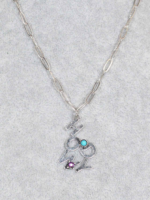 1377 Antique Silver “Howdy” Typography Pendant Necklace with Stone Accents