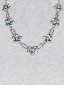 1384 H103 Antique Silver Floral Link Necklace with Turquoise Center and Twist Accents