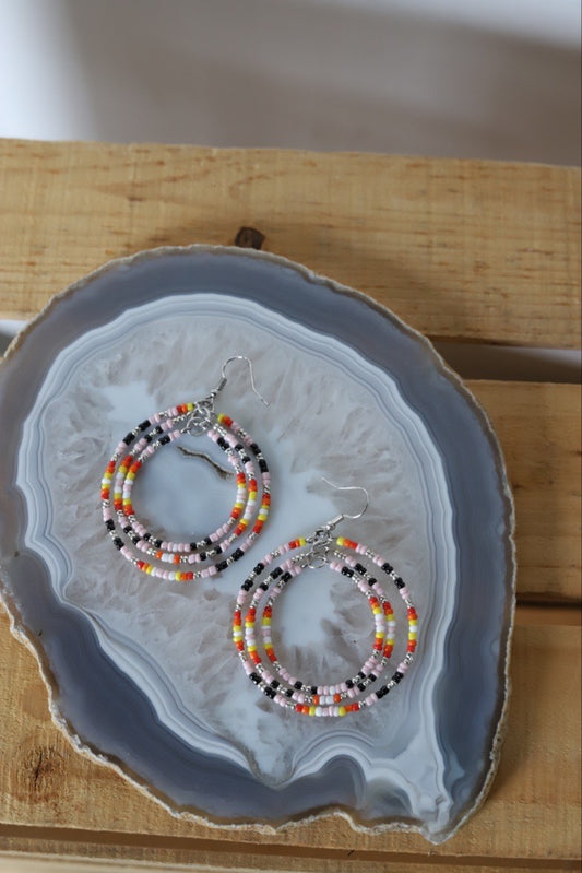 0078 R3-1 PINK TRIPLE SEED BEAD HOOP EARRING