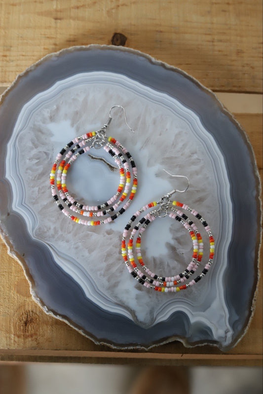 0078 R3-1 PINK TRIPLE SEED BEAD HOOP EARRING