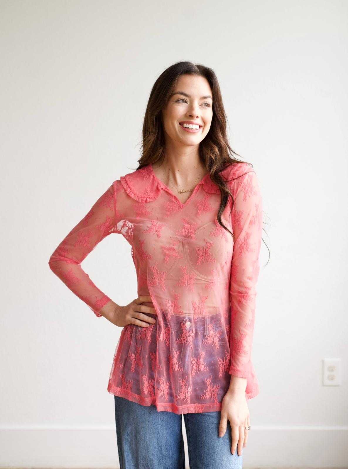 TH73 COLLAR LACE TOP PINK (6 Piece)