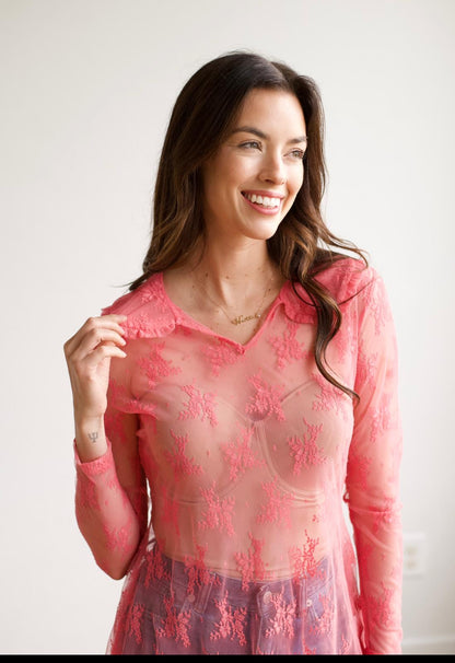 TH73 COLLAR LACE TOP PINK (6 Piece)