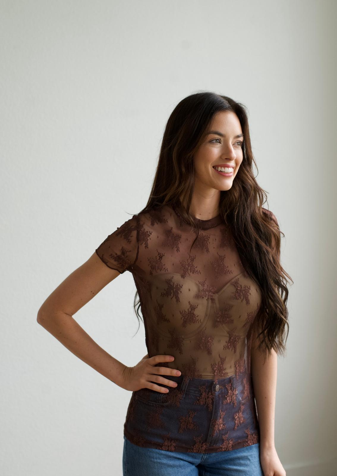 TH1224 BROWN LACE SHORT SLEEVE TOPS (7 Piece)