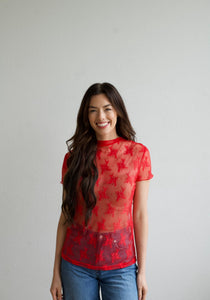 TH1224 RED LACE SHORT SLEEVE TOPS (7 Piece)