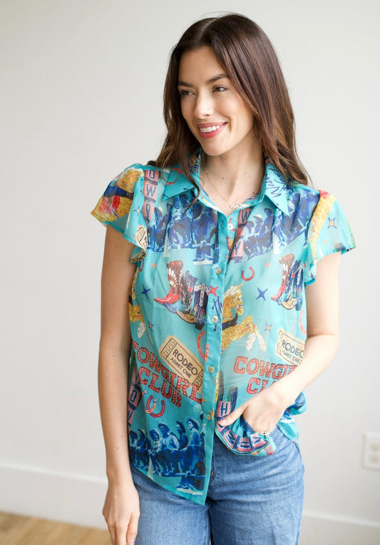 TH199 COWGIRL COLLAGE FLUTTER SLEEVE BLOUSE (7 Piece)