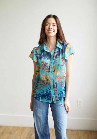 TH199 COWGIRL COLLAGE FLUTTER SLEEVE BLOUSE (7 Piece)