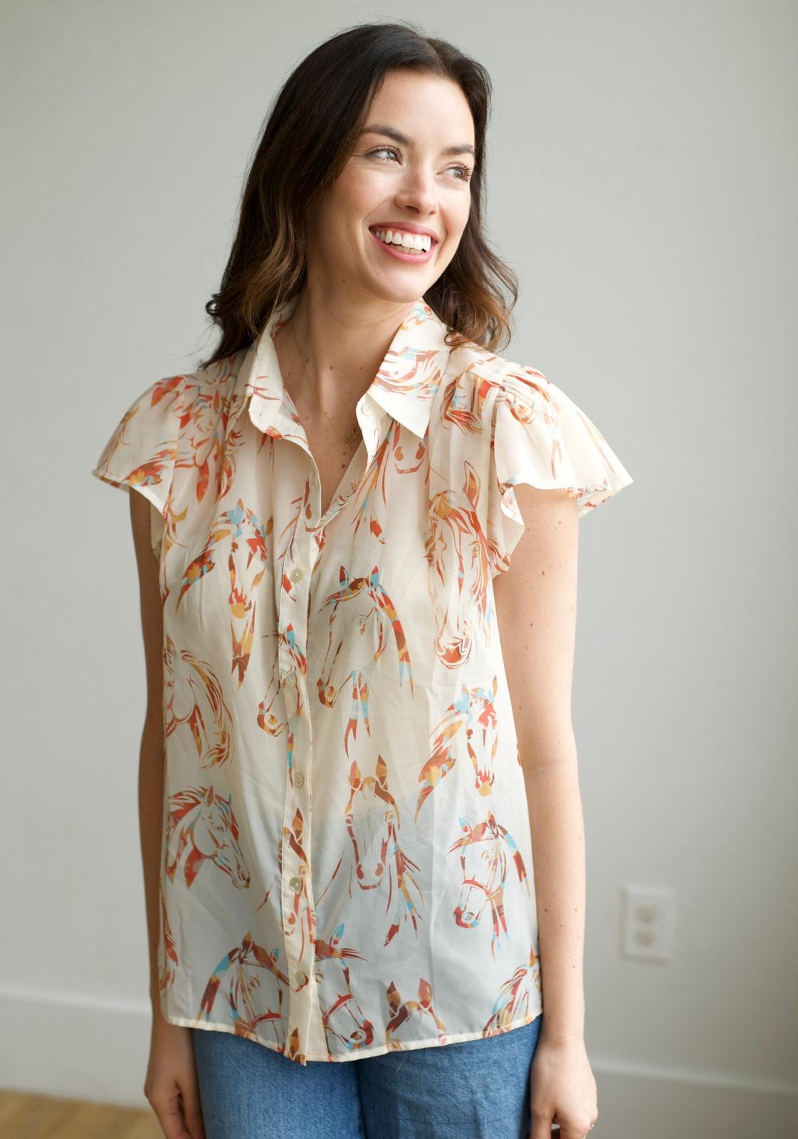 TH199 IVORY HORSE HEAD FLUTTER SLEEVE BLOUSE (7 Piece)