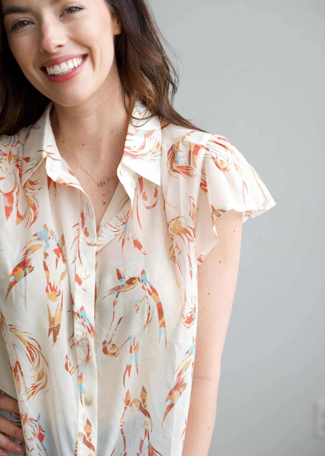 TH199 IVORY HORSE HEAD FLUTTER SLEEVE BLOUSE (7 Piece)