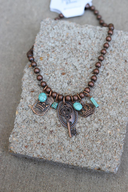 12571 N31 Copper-Tone Beaded Necklace with Royal Charms & Turquoise Accents