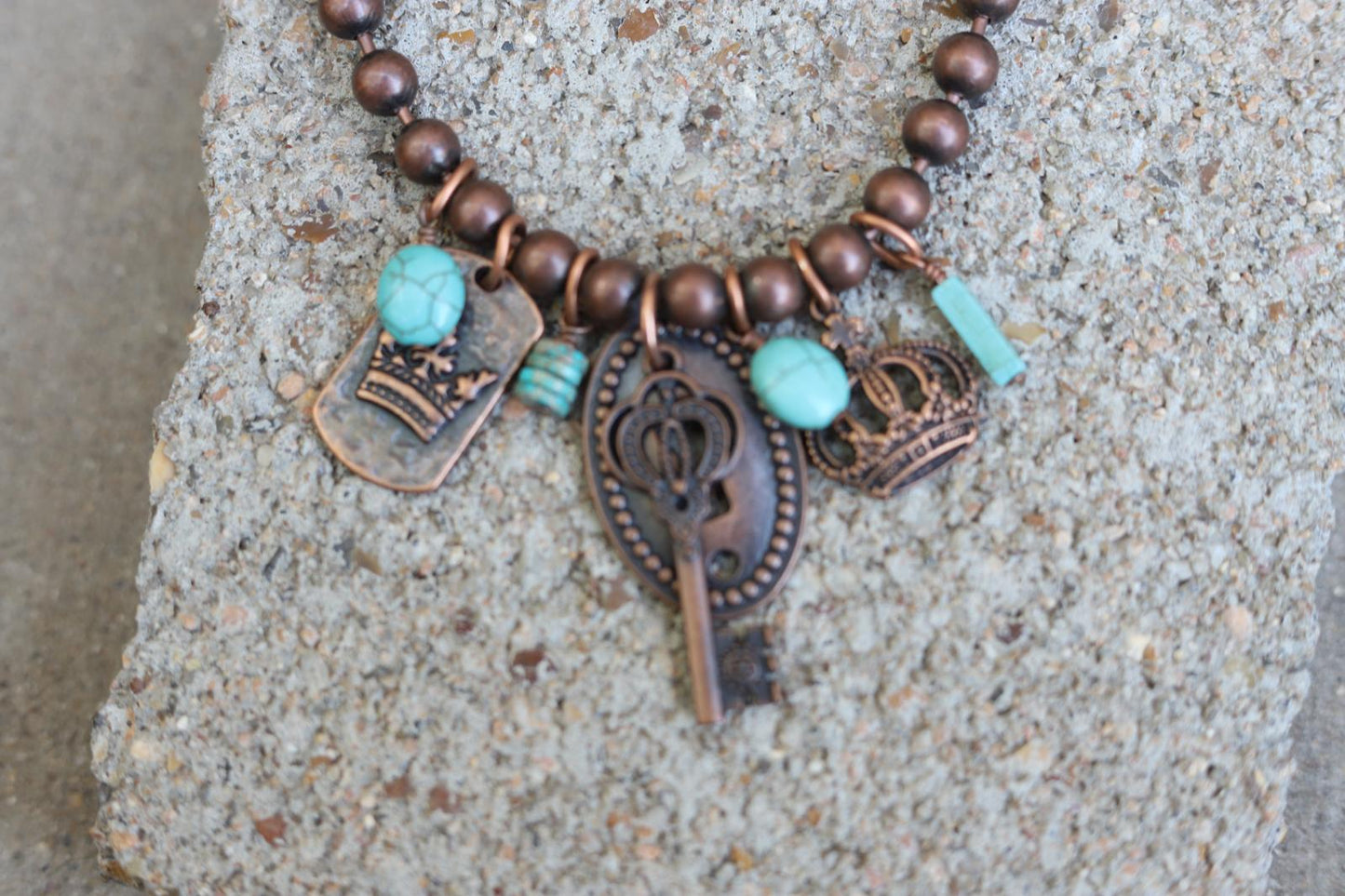 12571 N31 Copper-Tone Beaded Necklace with Royal Charms & Turquoise Accents
