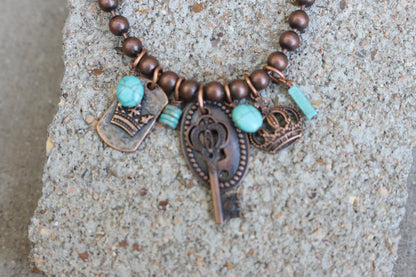 12571 N31 Copper-Tone Beaded Necklace with Royal Charms & Turquoise Accents