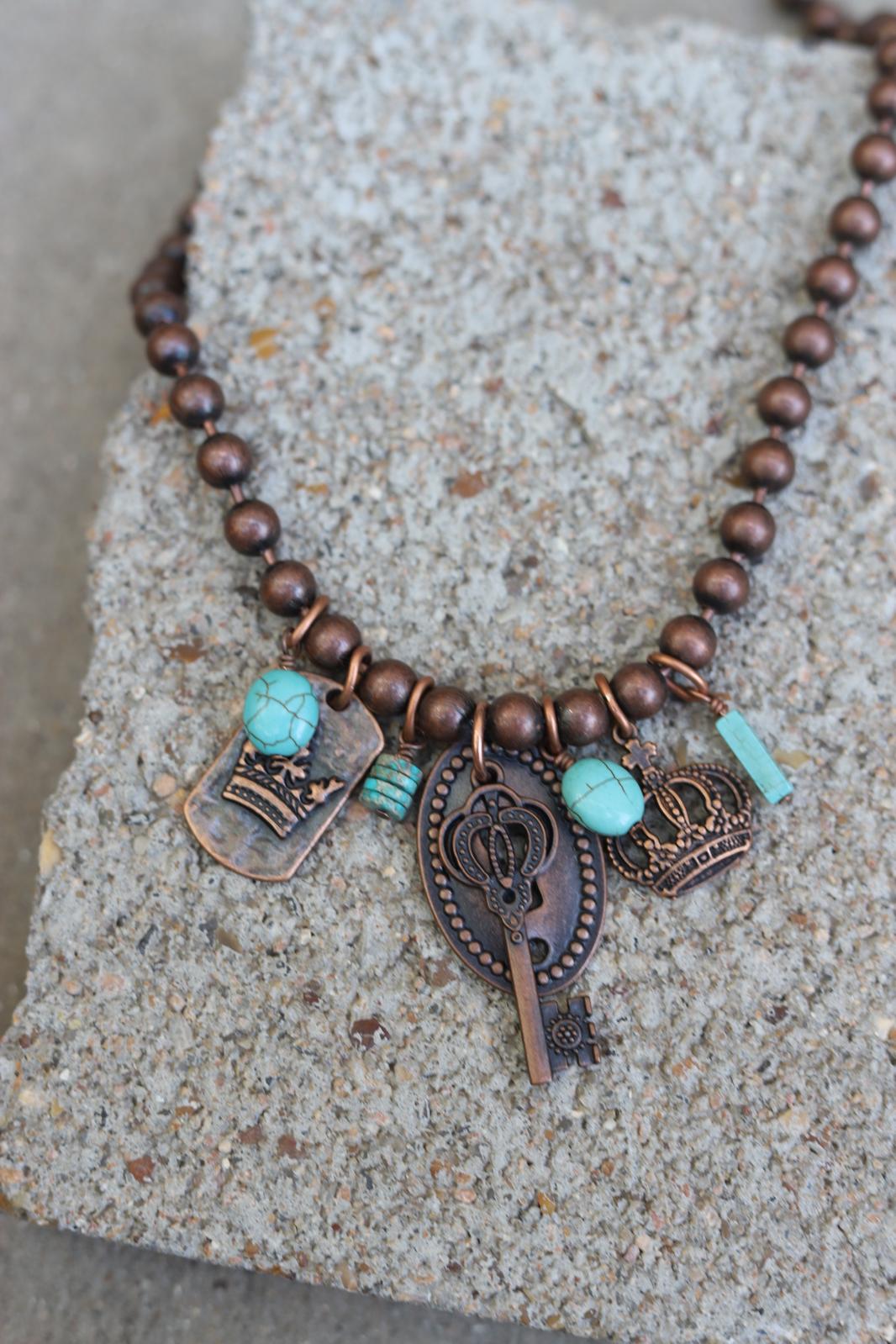 12571 N31 Copper-Tone Beaded Necklace with Royal Charms & Turquoise Accents