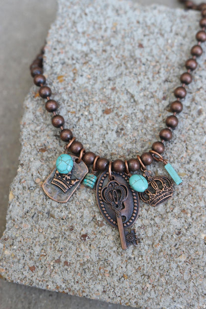 12571 N31 Copper-Tone Beaded Necklace with Royal Charms & Turquoise Accents