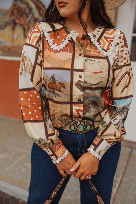 TH2783 BROWN SQUARE WESTERN COLLAR BLOUSE (1 Piece)