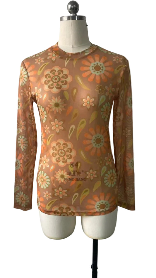 TH1221 BROWN RETRO FLORAL MESH TOP (7 Piece)