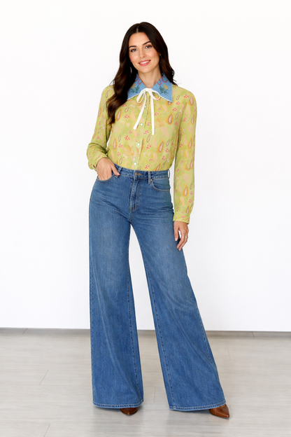 TH2882 LIME PAISLEY COLLAR PEARL SNAP TOP(7 Piece)