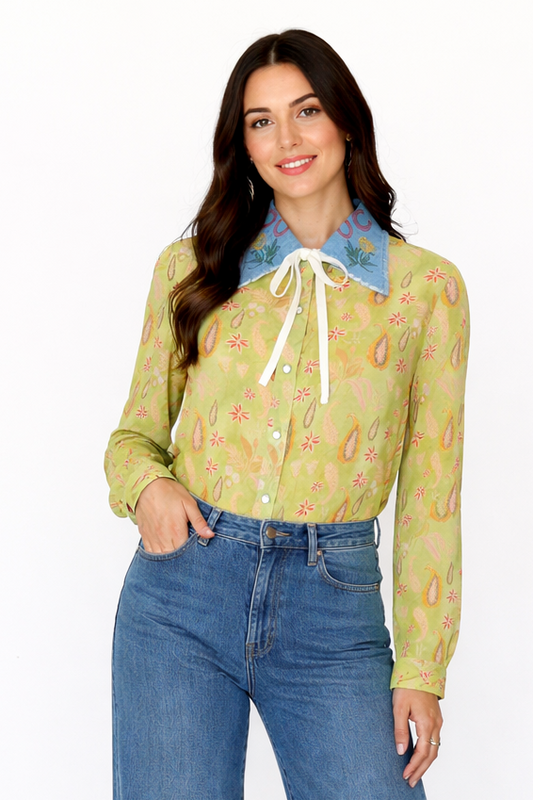 TH2882 LIME PAISLEY COLLAR PEARL SNAP TOP(7 Piece)