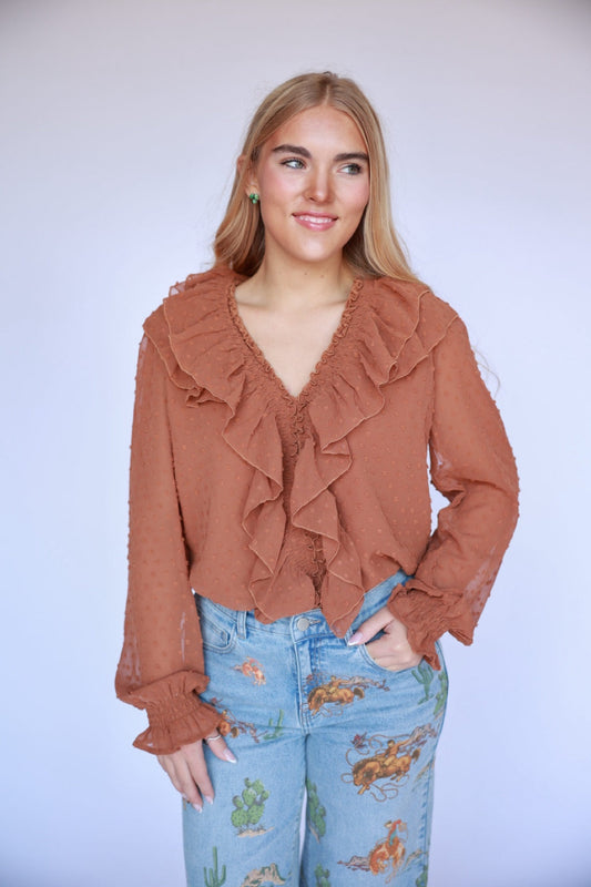 TH77 Brown Dobby Dot Ruffle Blouse 1