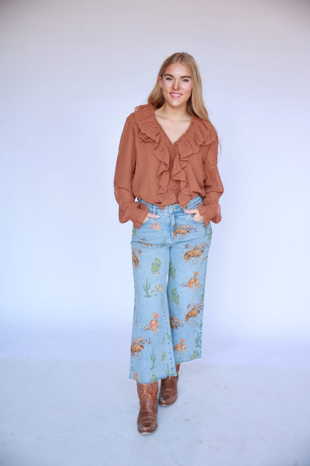 TH77 Brown Dobby Dot Ruffle Blouse 2