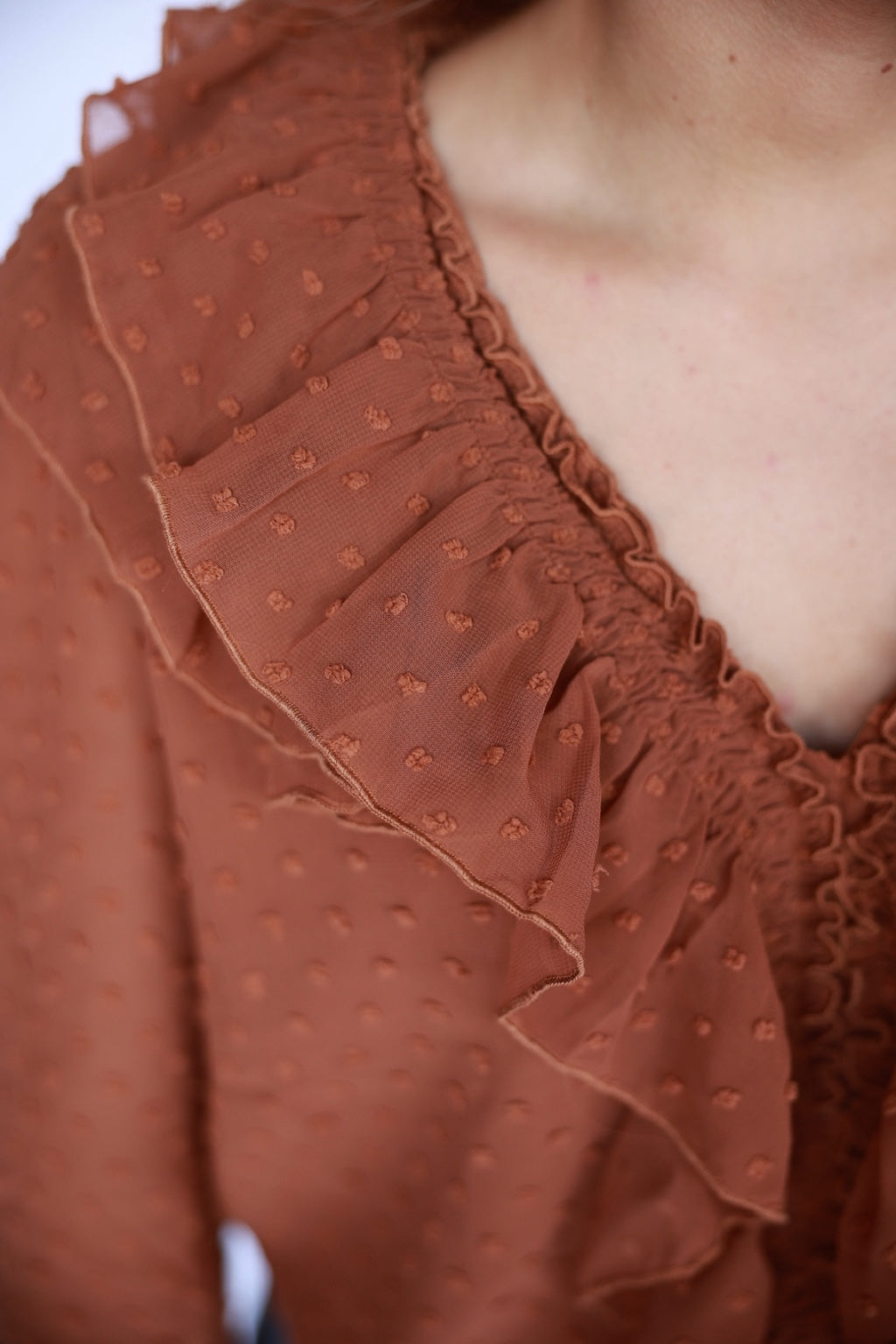 TH77 Brown Dobby Dot Ruffle Blouse 3